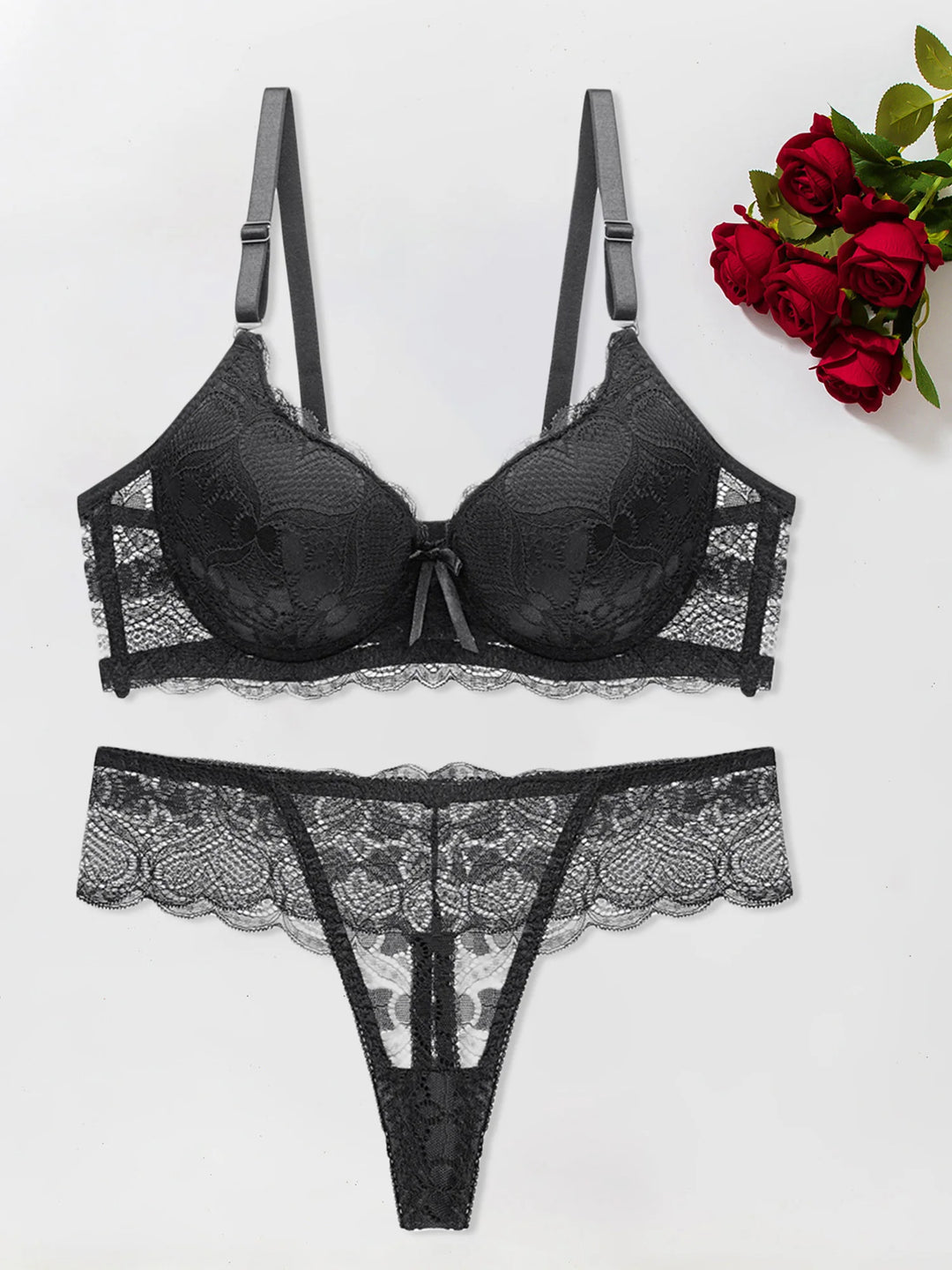 EmpowerEase Seductive Lace Lingerie Set – Sheer Mesh Bra & Panty with Garter Belt