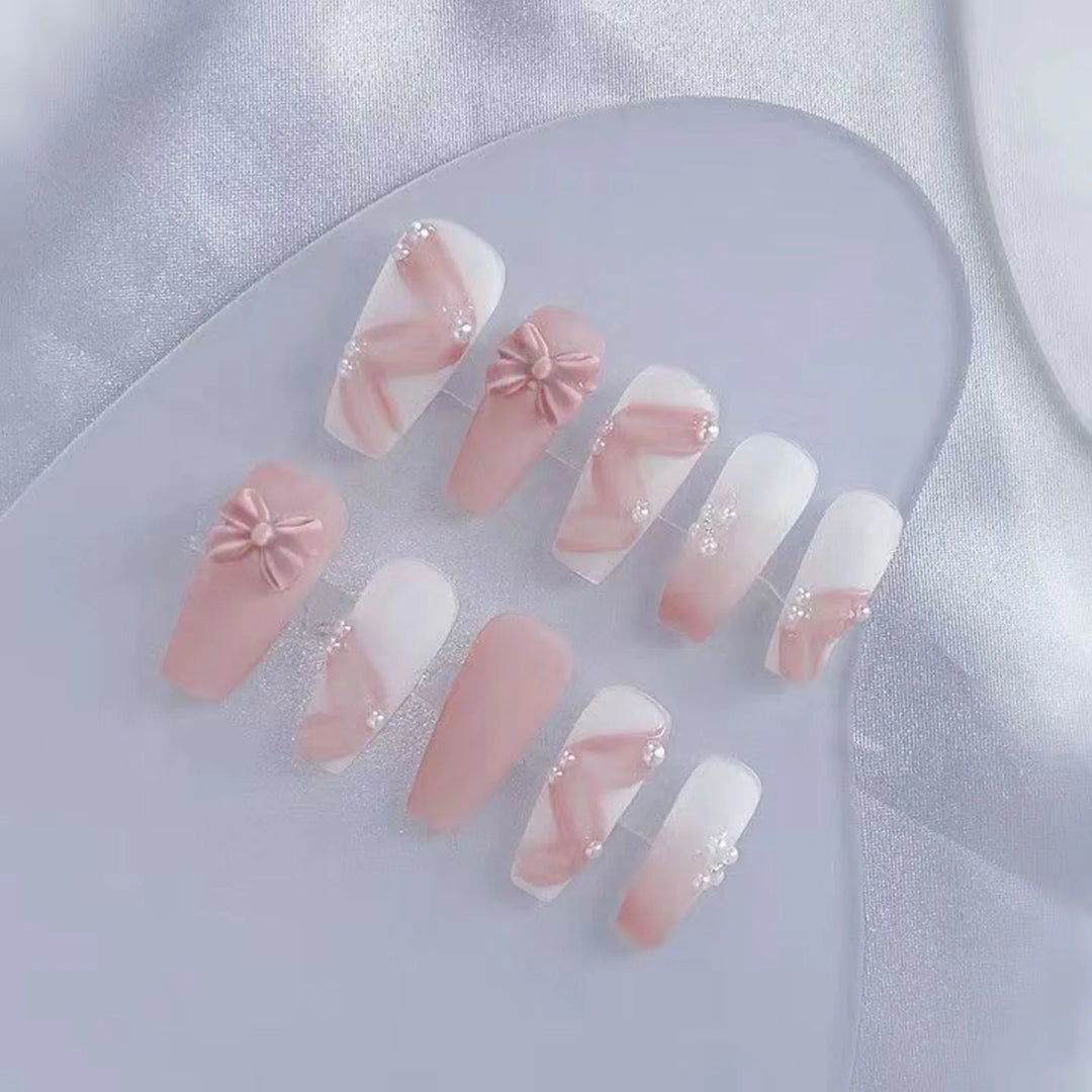10pcs Gentle Pink False Nails with Pearl & 3D Bow Decor – Ultra-Flexible, Long-Lasting Resin Press-On Nails for Women & Girls