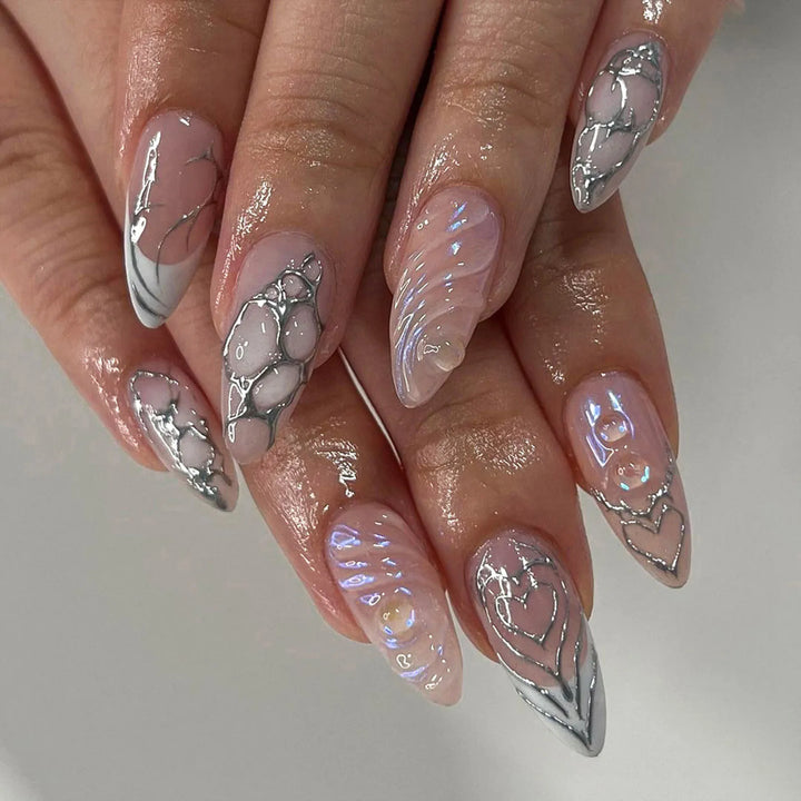 Mid-length French Press-on Nails with Silver Heart Accent – Gentle Pink & White Fade-resistant Artificial Nails – 24pcs
