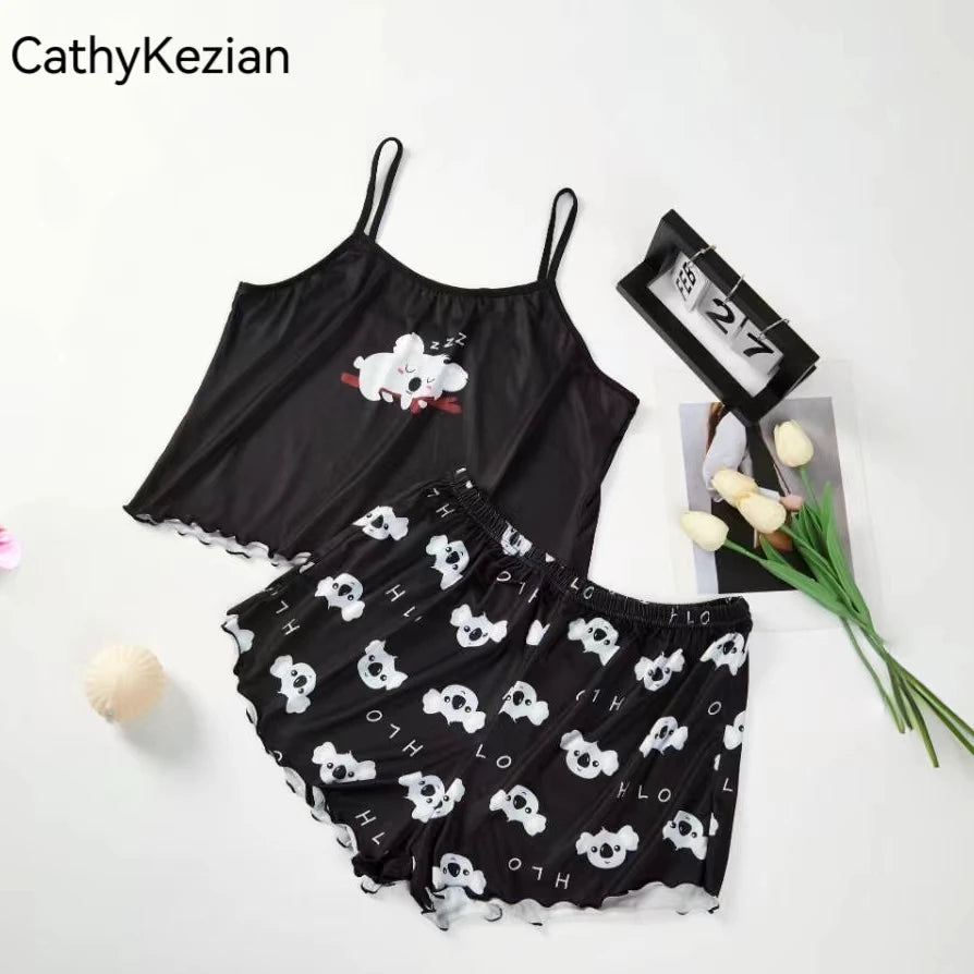 Dreamy Koala™ Pajama Set  Cartoon Print Sports Cami & Shorts Sleepwear