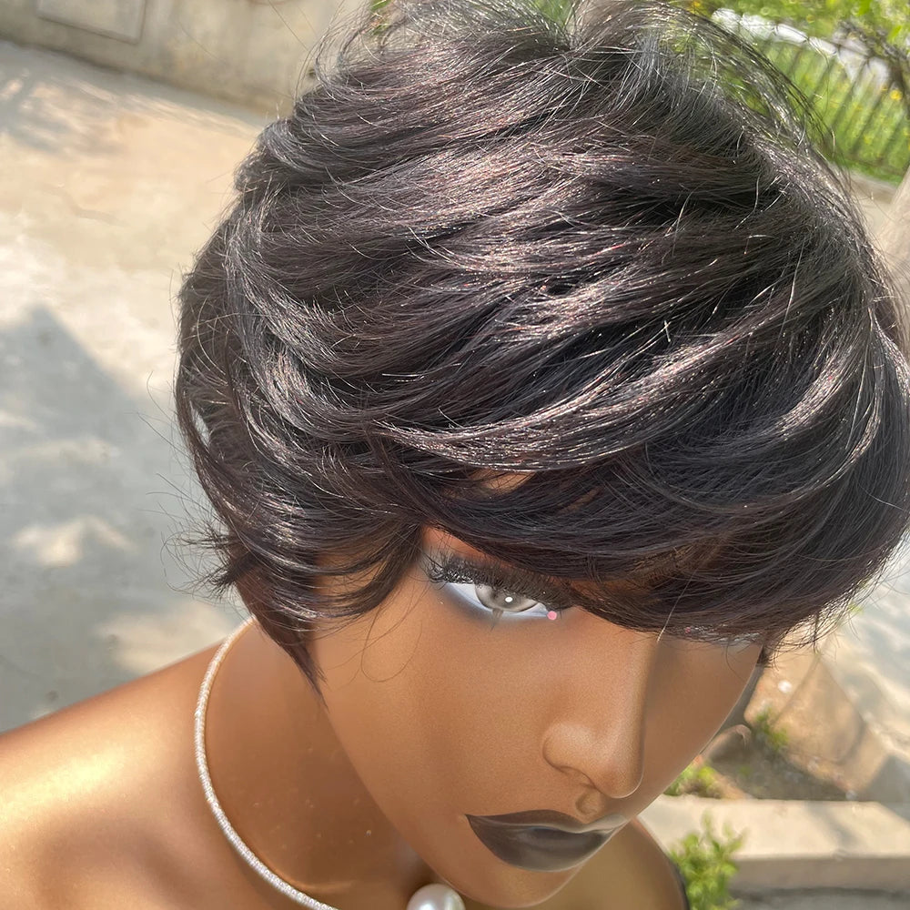 Chic Pixie Cut Wig – 100% Human Hair with Soft Bangs