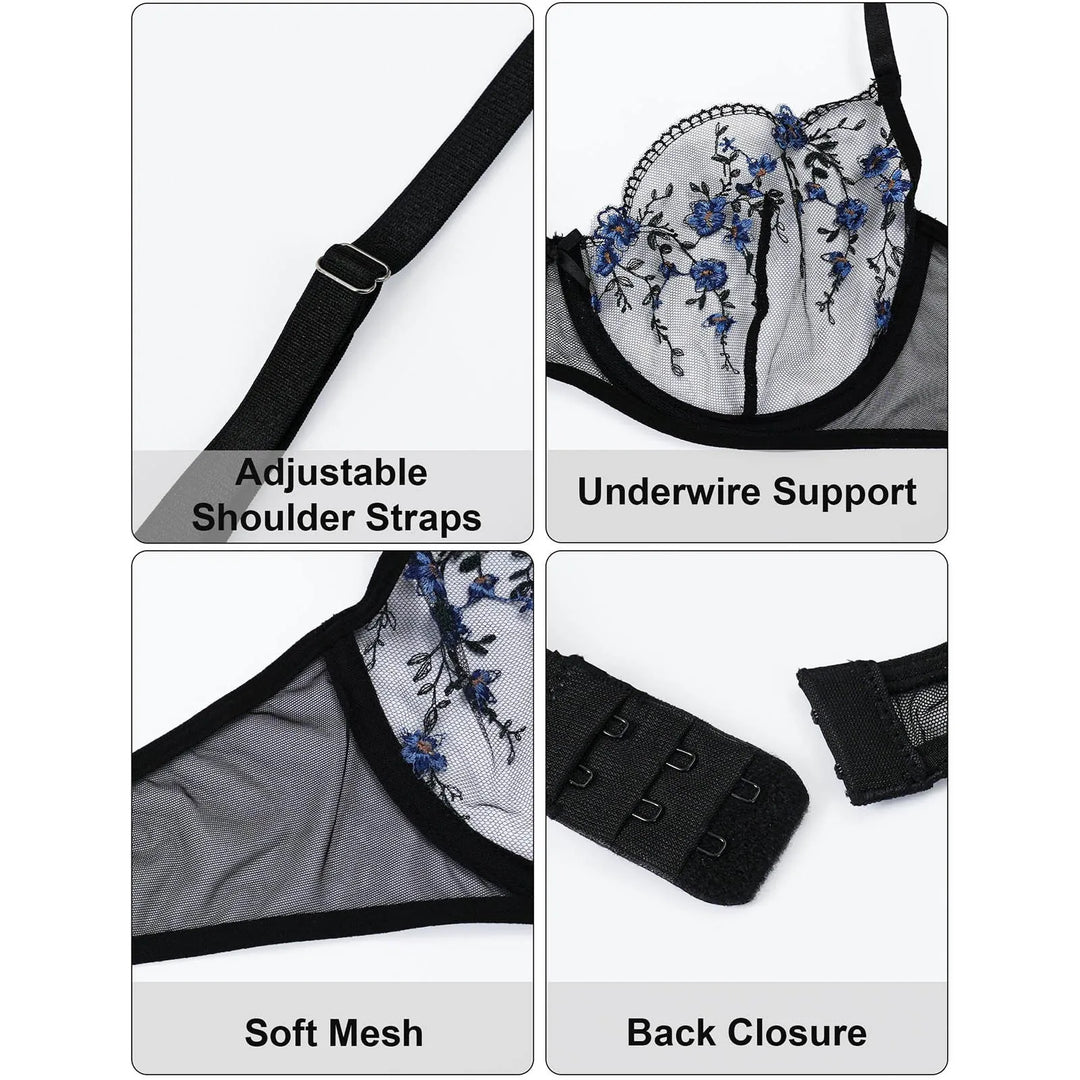 Women’s Elegant Floral Lace Lingerie Set – Sheer Embroidered Mesh Bra & Panty
