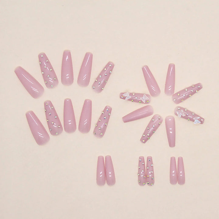 24pcs Long Ballerina Glossy Press-On Nails – Rhinestone & 3D Butterfly Design, Reusable Resin False Nails for Women