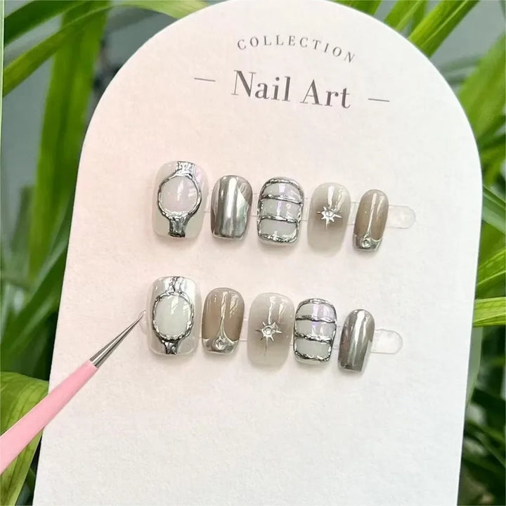 Y2K Metallic Black & Pink Handmade Press-On Nails – Short French Tip Acrylic False Nails – Super Cool Retro Style
