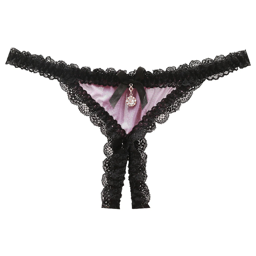 Open Crotch Lace T-Back Thong – Low Waist Crotchless Panty with Pendant Accent