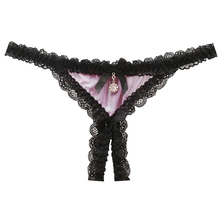 Open Crotch Lace T-Back Thong – Low Waist Crotchless Panty with Pendant Accent