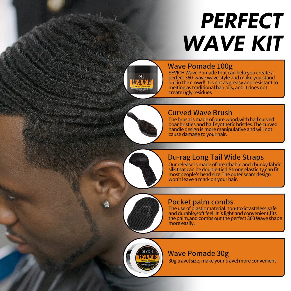 3.53oz Biotin Waves Control Pomade For Men Sevich Sport Strong Hold Wave Hair Gel With Brush Wavy Hair Oil Shampoo Conditioner