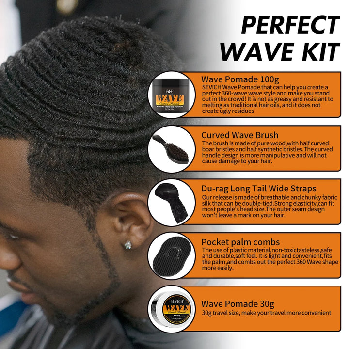 3.53oz Biotin Waves Control Pomade For Men Sevich Sport Strong Hold Wave Hair Gel With Brush Wavy Hair Oil Shampoo Conditioner