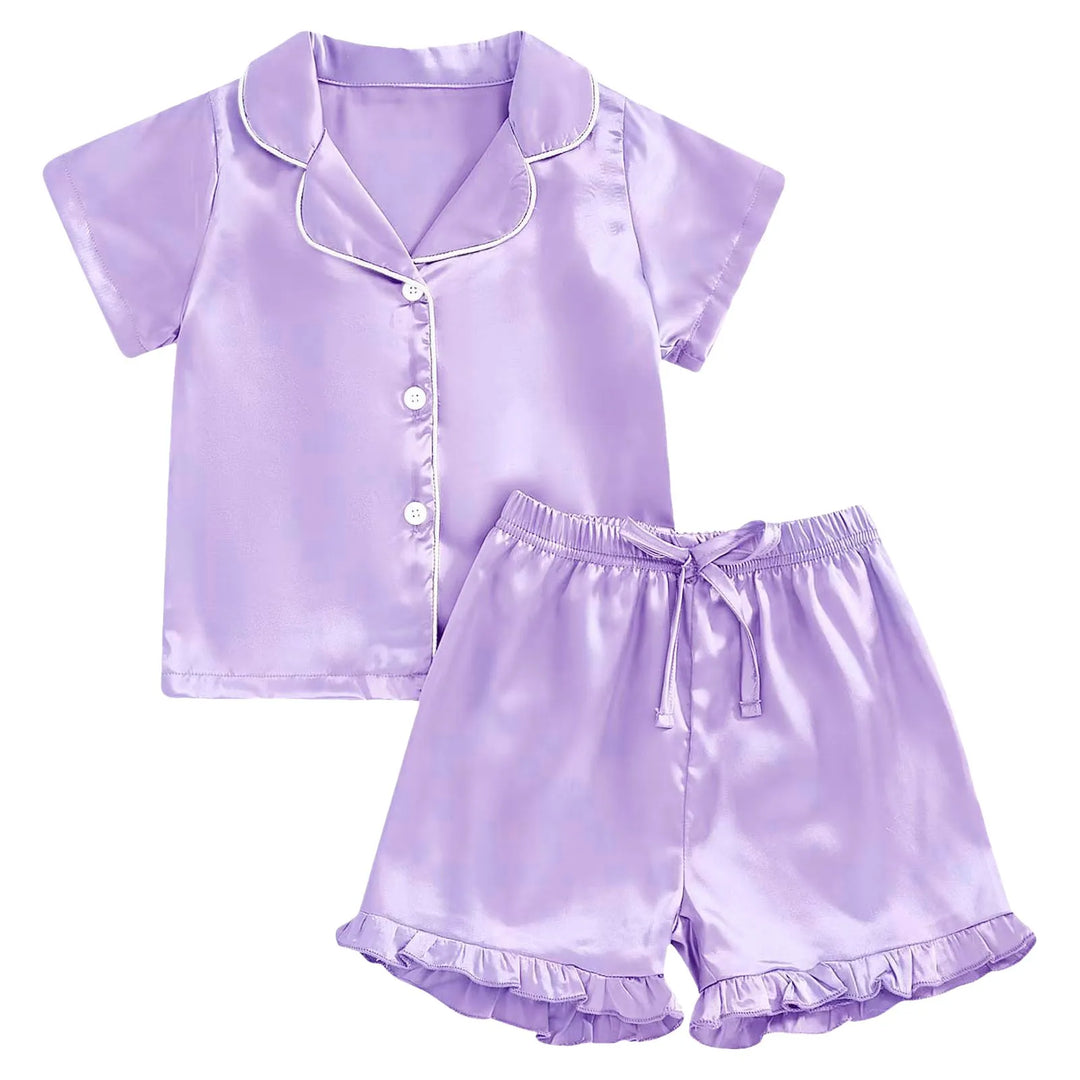 FeatherDreams™ Toddler Satin Pajama Set – Short Sleeve with Feather Trim  For Ages 1–13 Years | Lightweight, Silky & Adorable