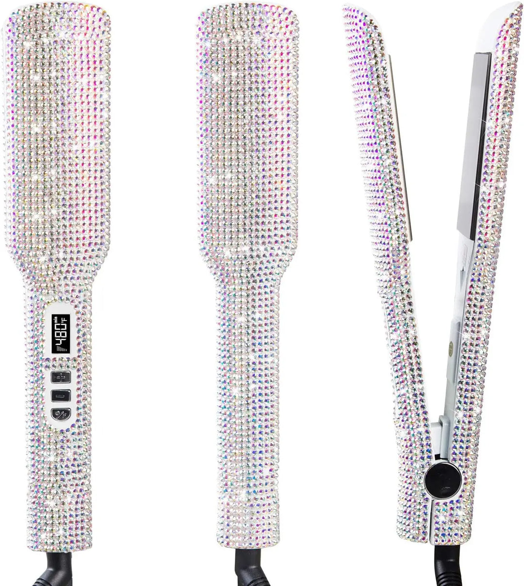 LuxeGleam Titanium Rhinestone Flat Iron – 2" Dual Voltage