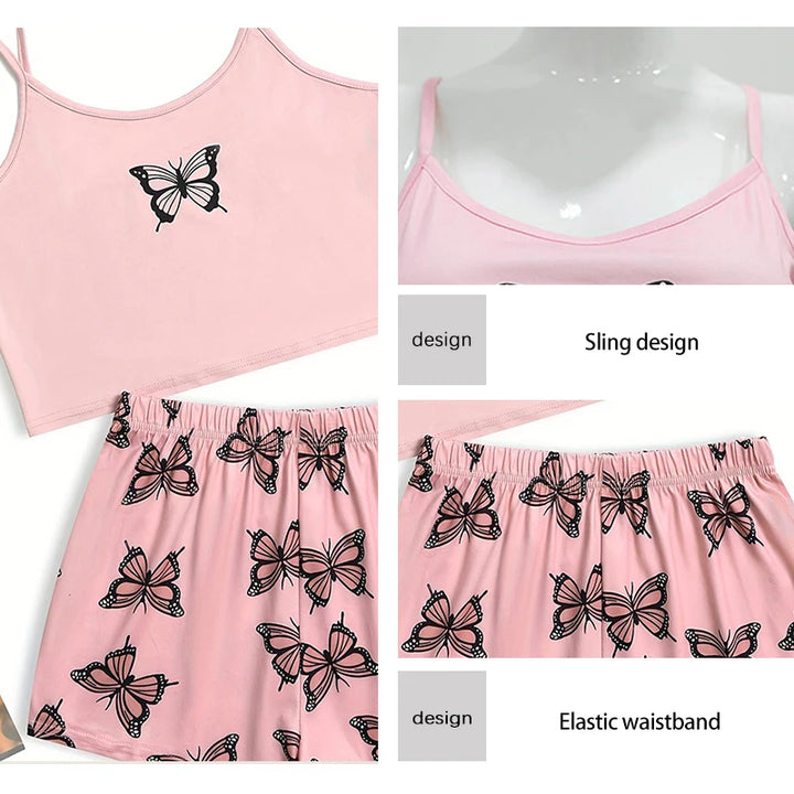Women’s Butterfly Camouflage Pajama Set – Spaghetti Strap Cami & Shorts Two-Piece Loungewear
