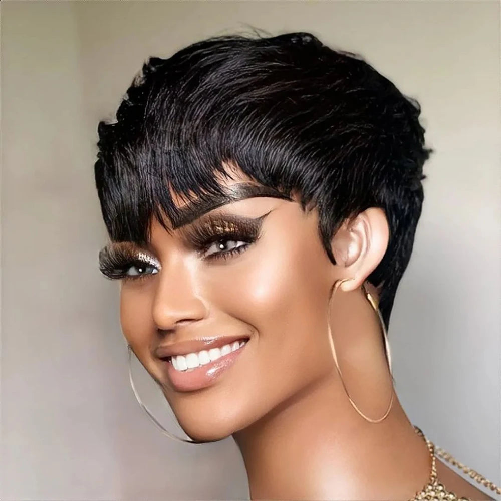 Chic Pixie Cut Wig – 100% Human Hair with Soft Bangs