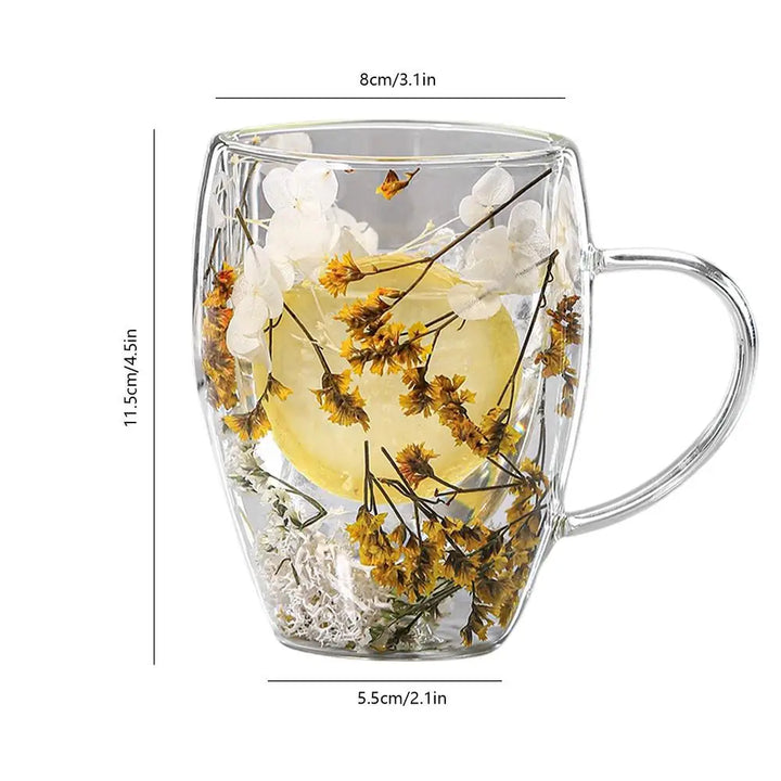 BlossomGlow Double Wall Glass Mug – 350ml Insulated Elegance