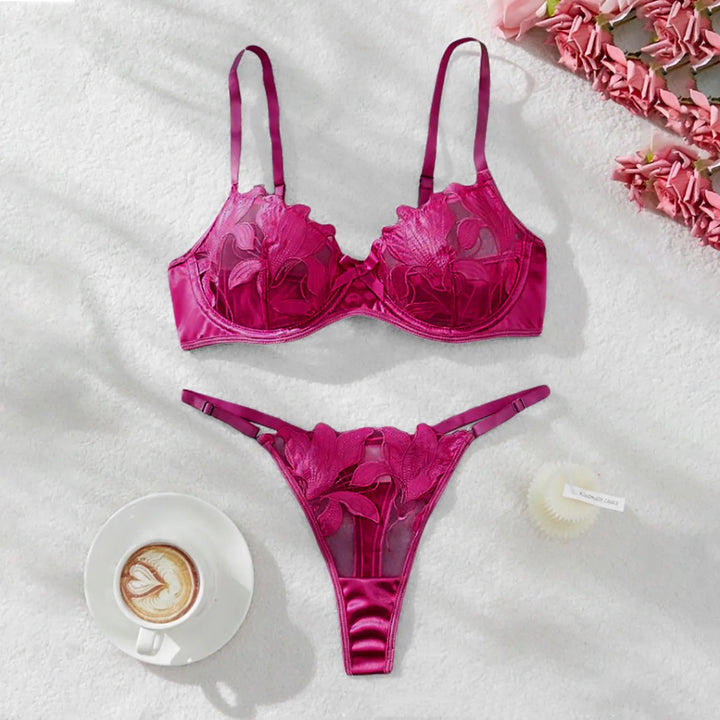 2-Piece Embroidered Lace Lingerie Set – Satin & Mesh Elegance