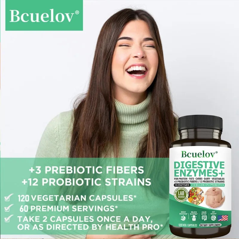 Bcuelov Probiotics + Prebiotics & Digestive Enzymes – Gut Health, Gas Relief & Nutrient Absorption (120 Capsules)