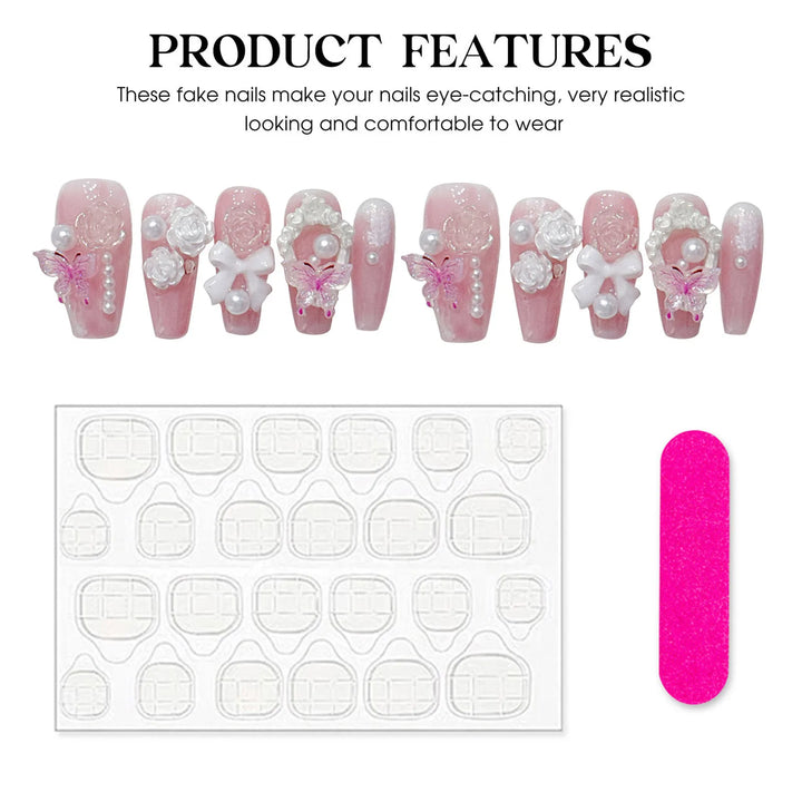10pcs Gentle Pink False Nails with Pearl & 3D Bow Decor – Ultra-Flexible, Long-Lasting Resin Press-On Nails for Women & Girls