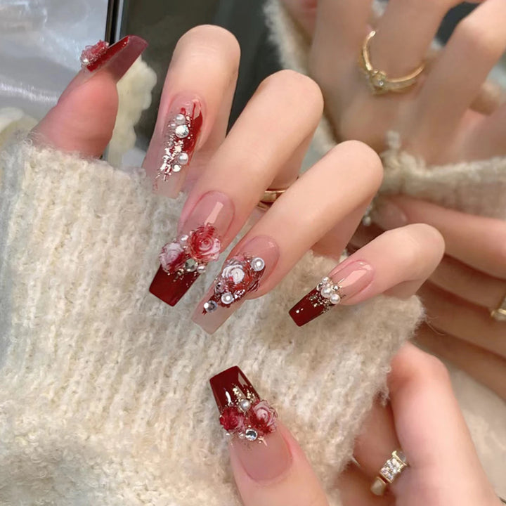 24pcs French Coffin Press-On Nails – White Tips with Star Pattern & Rhinestones, Reusable Resin False Nails for Women & Girls