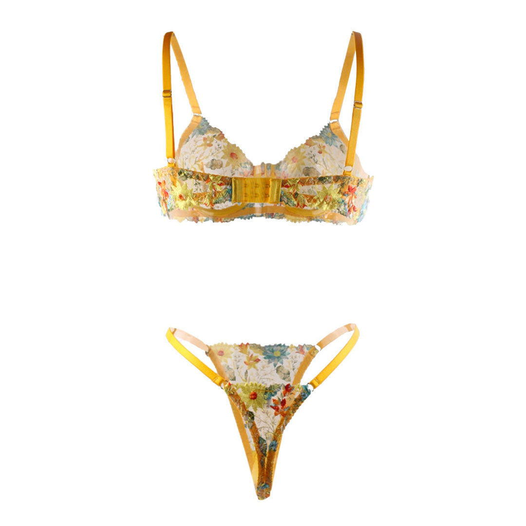 Golden Bloom – Sheer Yellow Flower Embroidered Lingerie Set