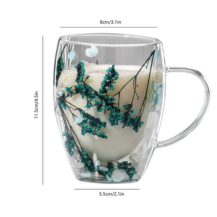 BlossomGlow Double Wall Glass Mug – 350ml Insulated Elegance
