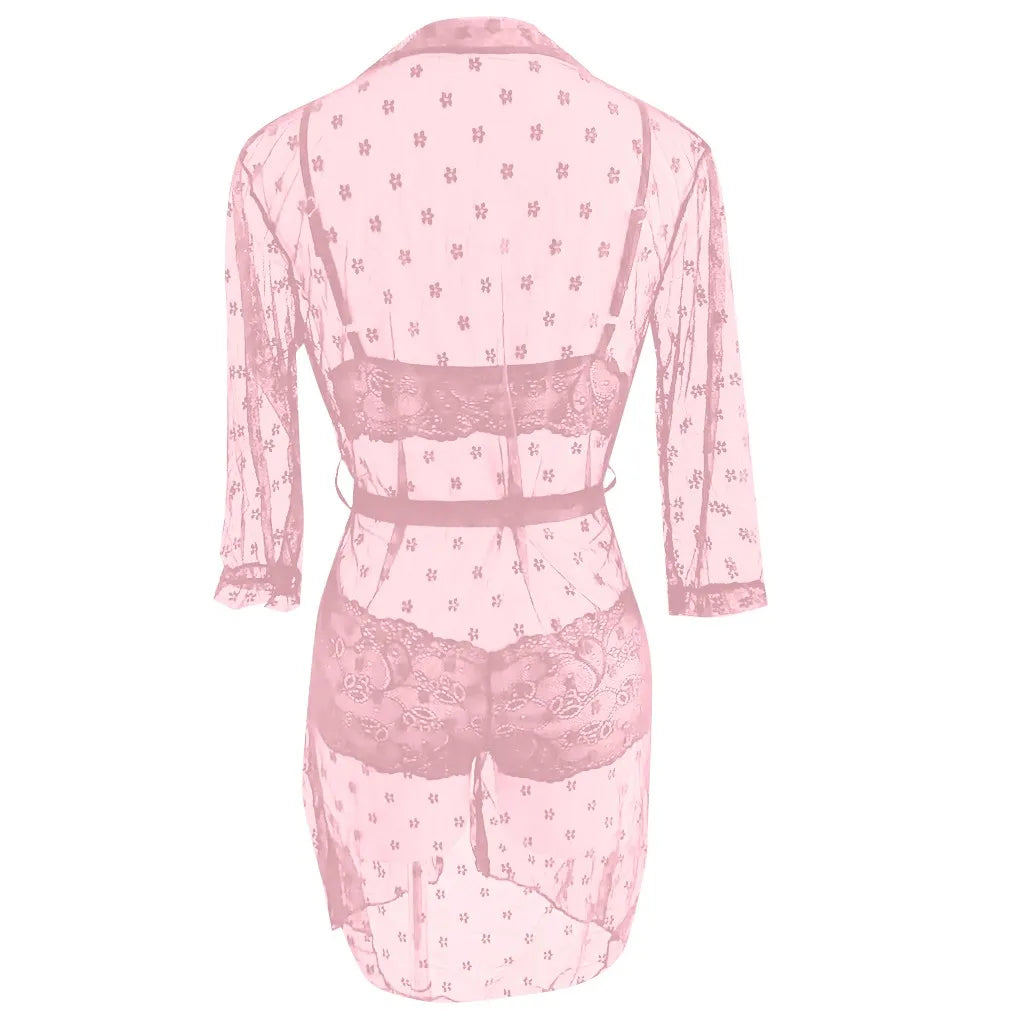 3-Piece Sheer Lace Lingerie Set with Kimono Robe – Bra, Panty & Robe for Women