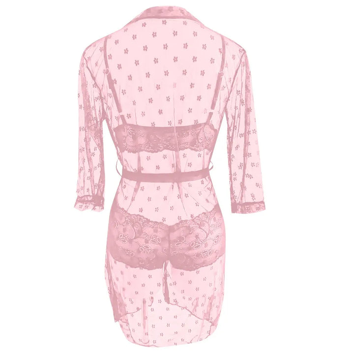 3-Piece Sheer Lace Lingerie Set with Kimono Robe – Bra, Panty & Robe for Women