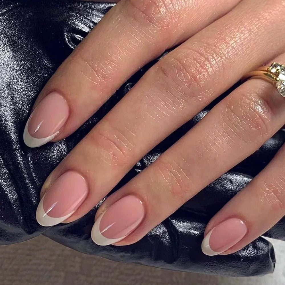 24pcs White French Tip Press-On Nails – Short Oval Shape Reusable Acrylic Full Cover Nails with Glue