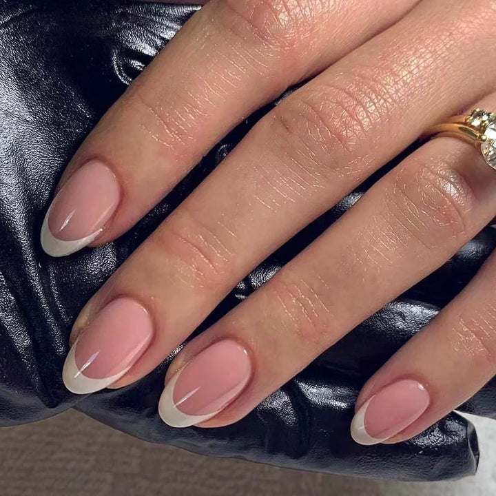 24pcs White French Tip Press-On Nails – Short Oval Shape Reusable Acrylic Full Cover Nails with Glue