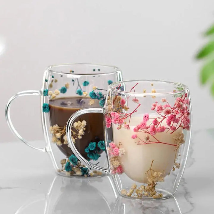 BlossomGlow Double Wall Glass Mug – 350ml Dried Flower Infusion