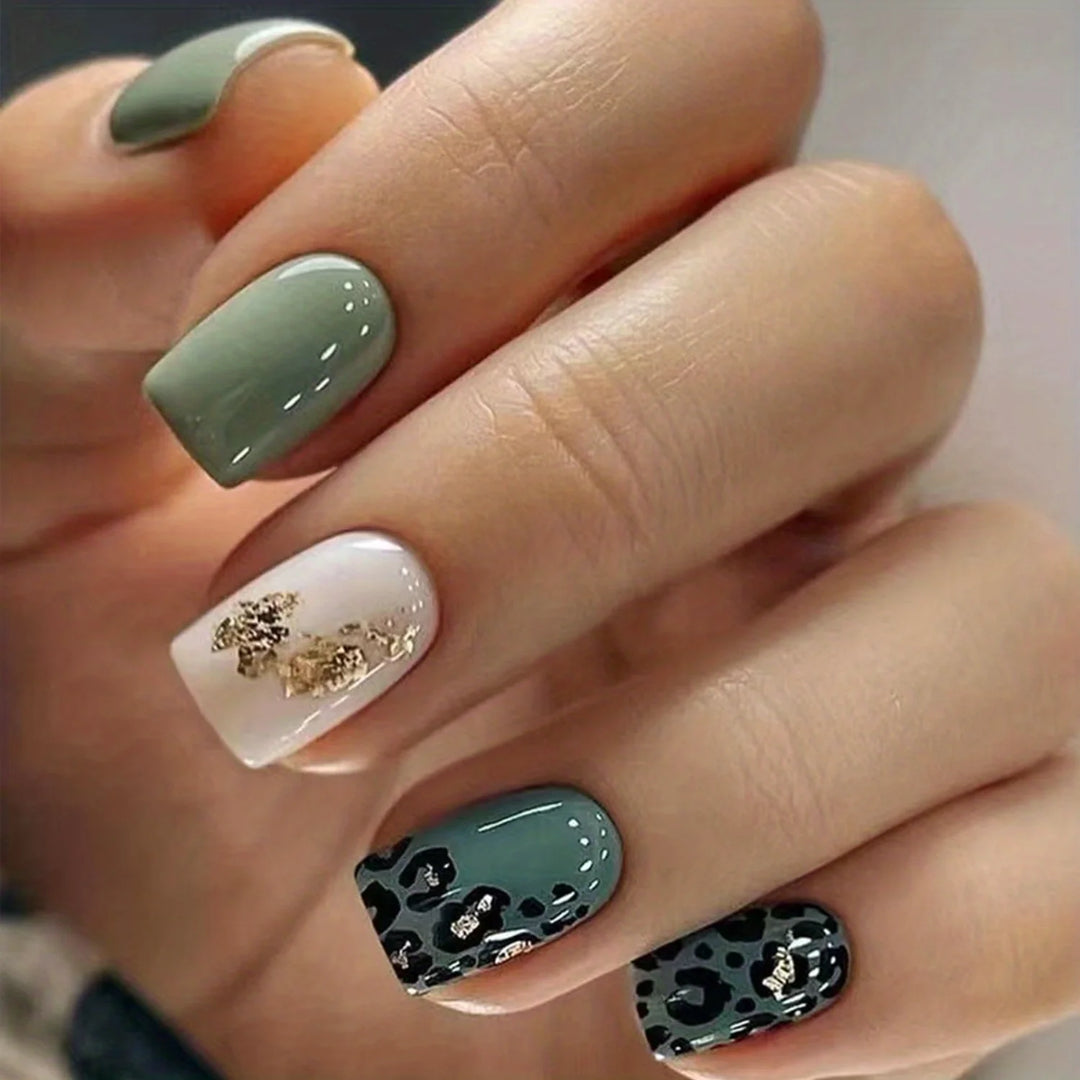 Chic Green Leopard Print & Golden Foil Press-On Nails – 24pc Glossy Square Set for Trendy, Stylish Wear