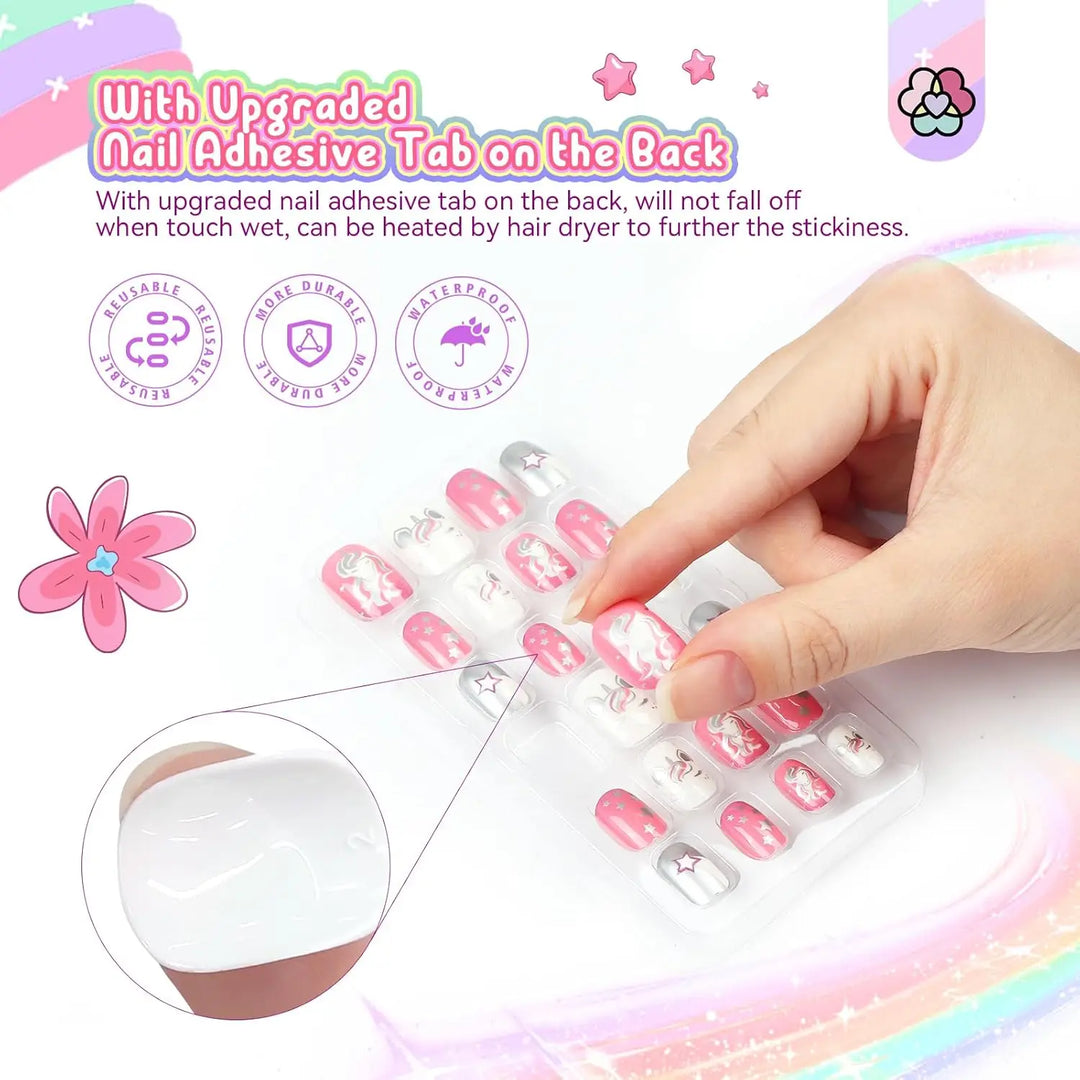 168Pcs Kids Press-On Nails – 7 Pack Glitter Gradient Star Design, Short Acrylic Tips, Pre-Glued for Easy Application – Christmas & Birthday Gift Set for Girls Ages 8–12