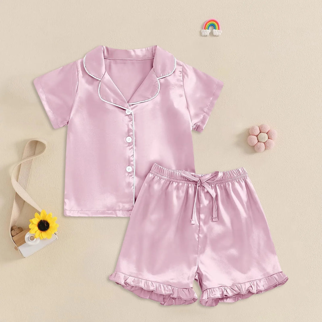 FeatherDreams™ Toddler Satin Pajama Set – Short Sleeve with Feather Trim  For Ages 1–13 Years | Lightweight, Silky & Adorable