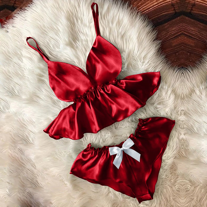 Sexy V-Neck Ruffle Pajama Set – Satin Camisole with Bowknot & Eyelash Lace Shorts