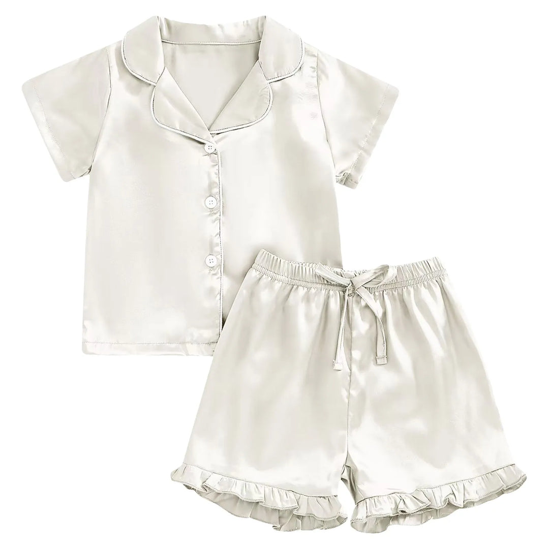 FeatherDreams™ Toddler Satin Pajama Set – Short Sleeve with Feather Trim  For Ages 1–13 Years | Lightweight, Silky & Adorable