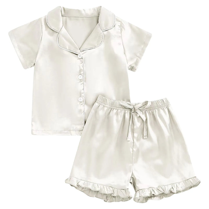 FeatherDreams™ Toddler Satin Pajama Set – Short Sleeve with Feather Trim  For Ages 1–13 Years | Lightweight, Silky & Adorable