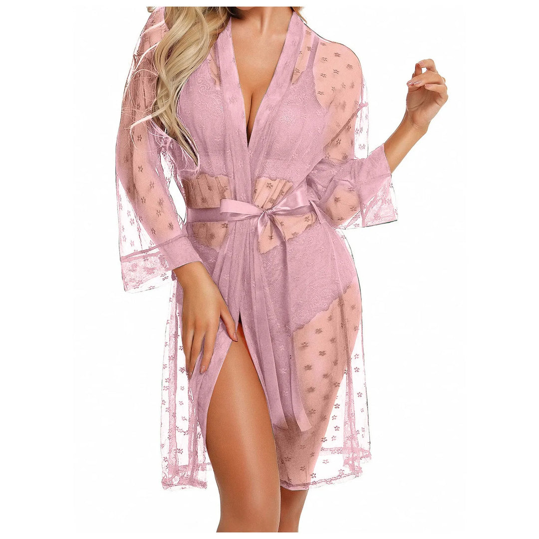 3-Piece Sheer Lace Lingerie Set with Kimono Robe – Bra, Panty & Robe for Women
